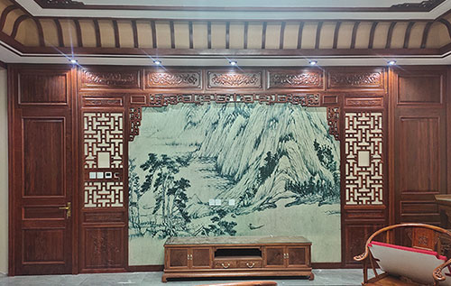 冯坡镇中式仿古别墅客厅背景墙花格木作装饰